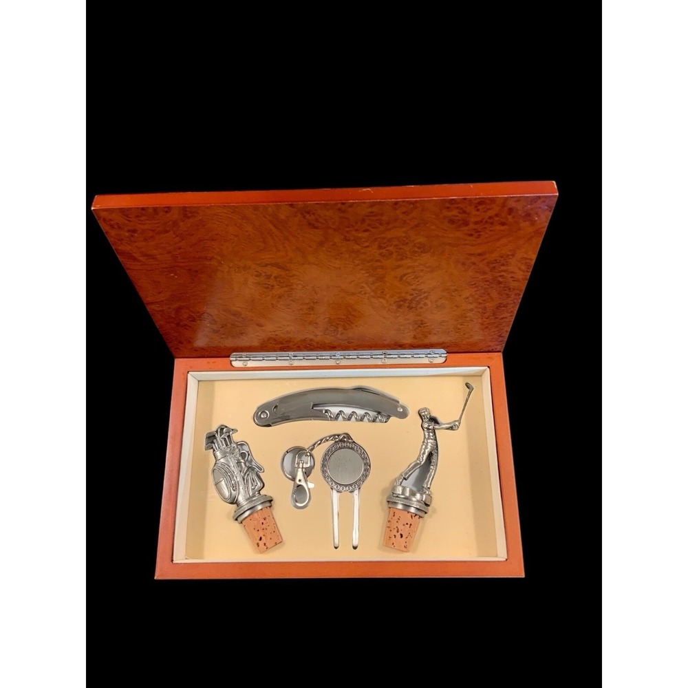 Vintage Golf Bar Tool‎ Set New In Original Burl Wood Box